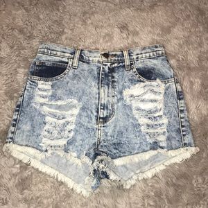 High wasted ripped washed jean shorts blue